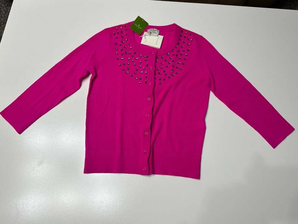 Kate Spade Tokyo Grid Rhinestone Embellished Cardigan Hot Pink XS Jeweled